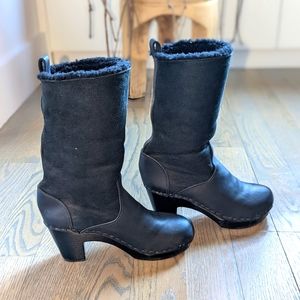 No. 6 Black Shearling-Lined Heeled Clog Boots
